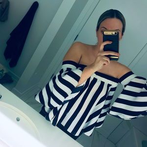 NWT navy blue and white striped blouse offshoulder